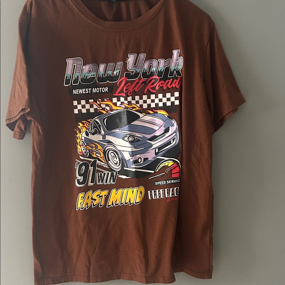 Brown T-Shirt with Car and New York Graphic